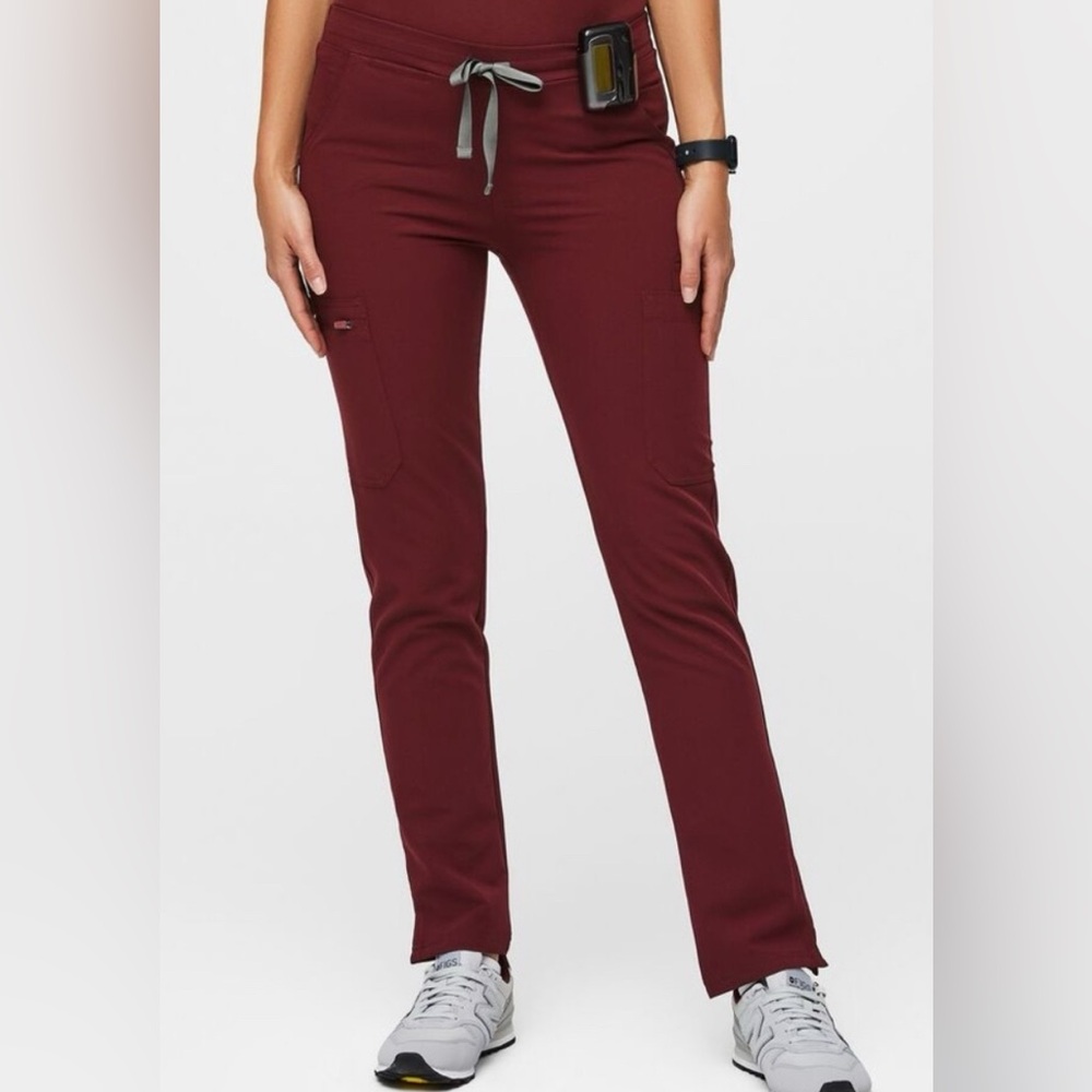 FIGS Burgundy Yola Skinny Pants with Gray Drawstring